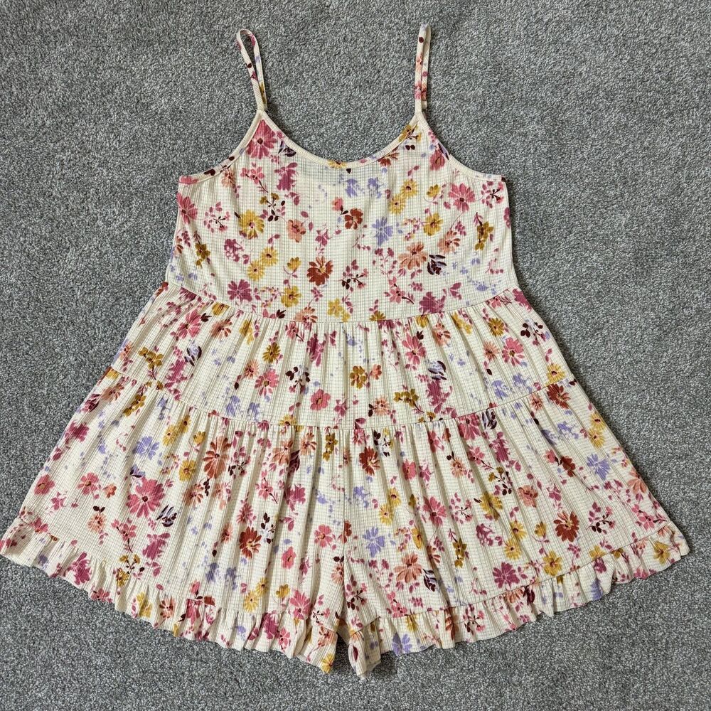 Fantastic Fawn Romper Womens Large Floral Cream Waffle Knit Ruffle Hem Made USA